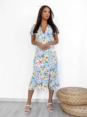 Another Look Φόρεμα Floral Κοντομάνικο Σιέλ – Revolve Around