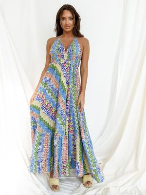 Φόρεμα Maxi Με Μοτίβο Μπλε – Gloriosa