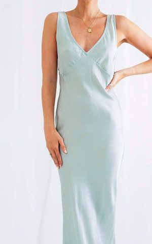 Pretty Lavish Φόρεμα Maxi Σατέν Φυστικί – Aquamarine
