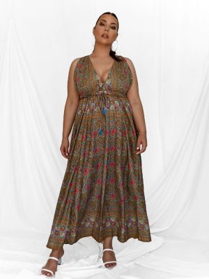 Φόρεμα Μάξι Με Λαχούρια Λαδί – Gaspar