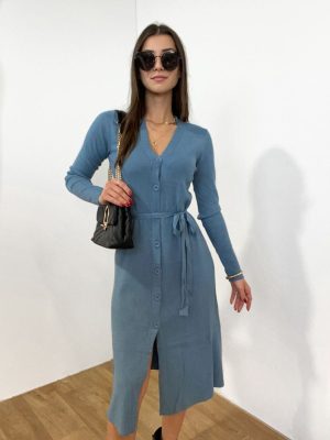 Φόρεμα Ριπ Μακρύ Με Ζώνη Και Κουμπιά Γαλάζιο – Jesen