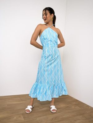 Glamorous Φόρεμα Με Δέσιμο Στον Λαιμό Γαλάζιο – Emanuel