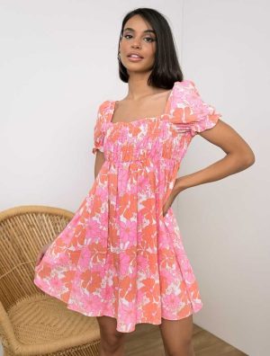 Glamorous Φόρεμα Λινό Floral Με Σφηκοφωλιά Ροζ – Feeling Flowerful