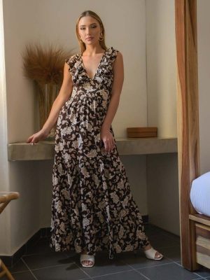 Glamorous Φόρεμα Maxi Με Λαχούρια Καφέ – Lost In The Romance
