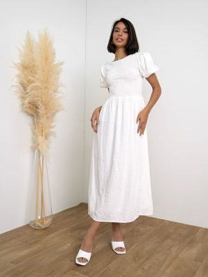 Glamorous Φόρεμα Με Σφηκοφωλιά Λευκό – Totally Comfortable