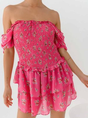 Glamorous Φόρεμα Σφηκοφωλιά Με Βολάν Floral Ροζ – Floral Fantasy