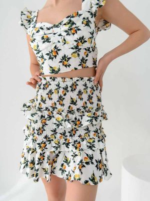 Glamorous Φούστα Σφηκοφωλιά Με Λεμόνια Λευκή – Boho Blooms