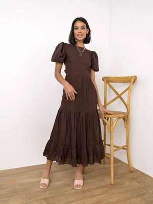 Glαmorous Λινό Φόρεμα Maxi Με Ανοιχτή Πλάτη Καφέ – River Side