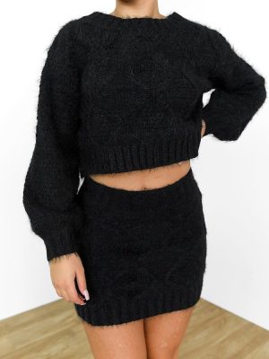 Glamorous Πλεκτή Μπλούζα Cropped Μαύρη – Knittica