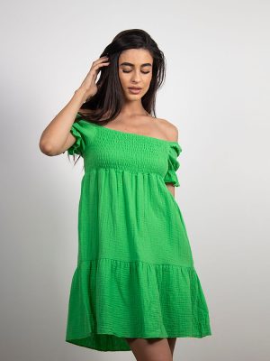 Φόρεμα Κοντομάνικο Με Σφηκοφωλιά Πράσινο – Mezzano