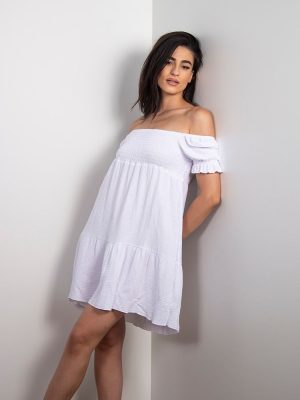 Φόρεμα Κοντομάνικο Με Σφηκοφωλιά Λευκό – Mezzano