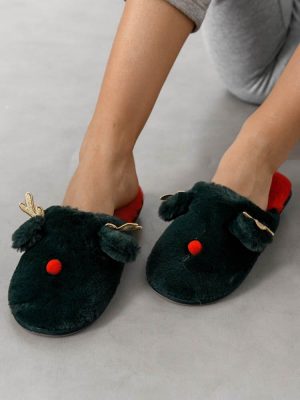 Vero Moda Χριστουγεννιάτικες Παντόφλες Γούνινες Κυπαρισσί – Reindeer