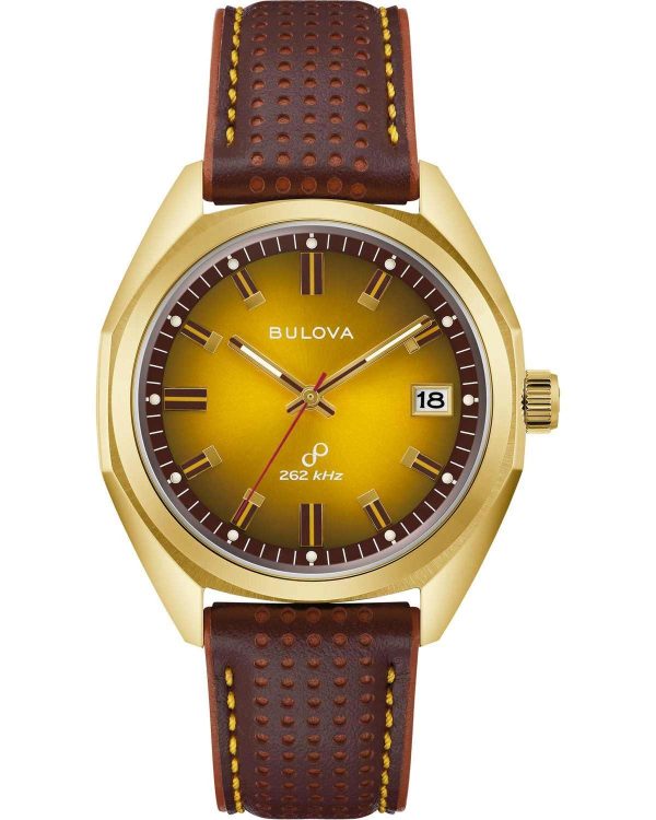 bulova jet star precisionist 97b214 gold case with brown leather strap image1
