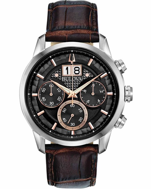 bulova marine star chronograph mens 96b311 silver case with brown leather strap image1