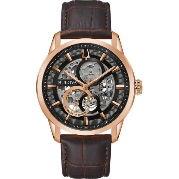 bulova sutton automatic 97a169 rose gold case with brown leather strap image1