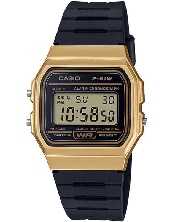 casio collection chronograph f 91wm 9aef gold case with black rubber strap image1
