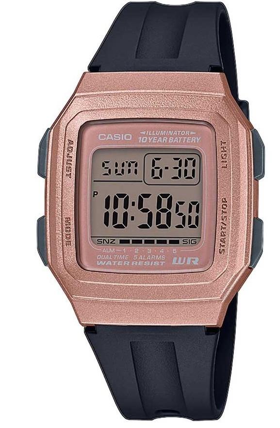 casio collection f 201wam 5avef rose gold case with black rubber strap image1