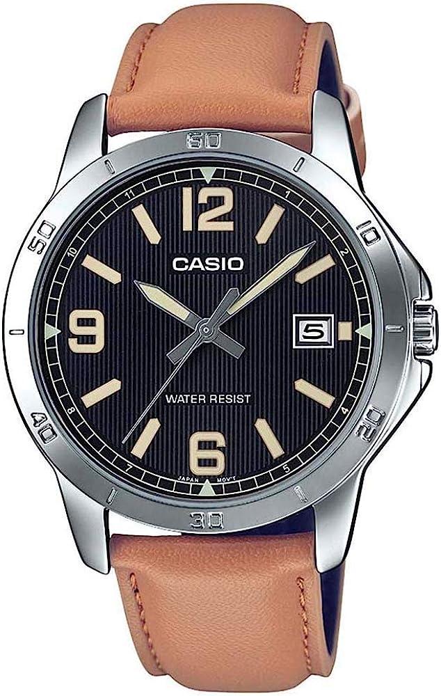 casio collection mtp v004l 1b2 silver case with brown leather strap image1