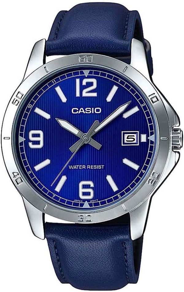 casio collection mtp v004l 2b silver case with blue leather strap image1
