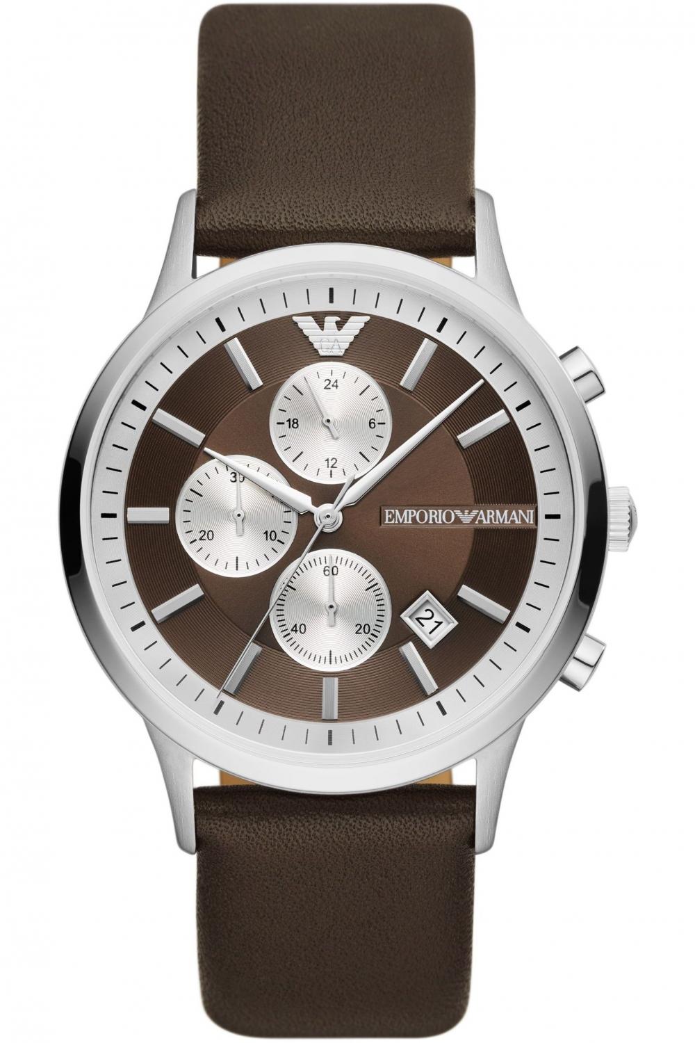 emporio armani renato chronograph ar11490 silver case with brown leather strap image1