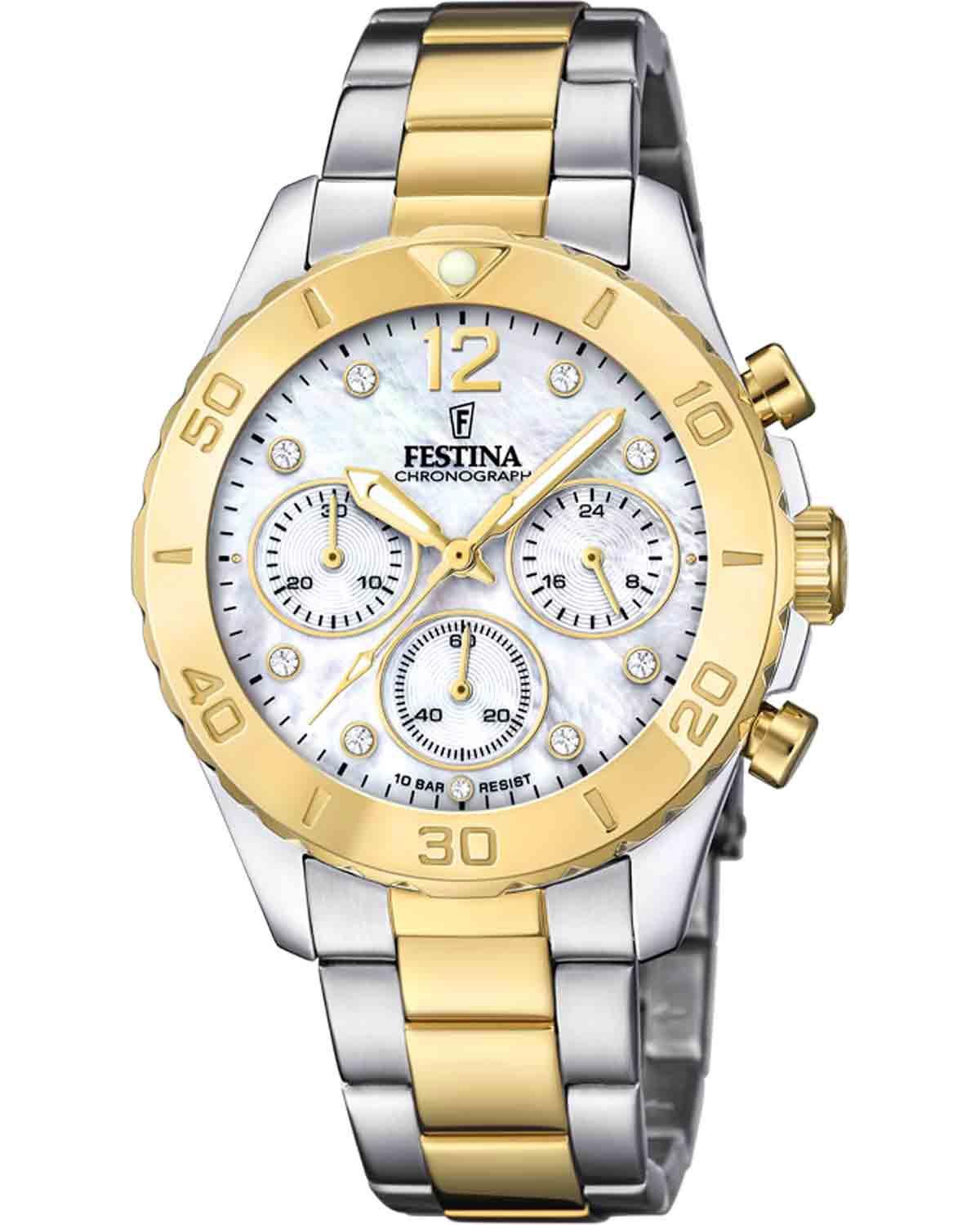festina ladies crystals chronograph f20604 1 silver case with stainless steel bracelet image1