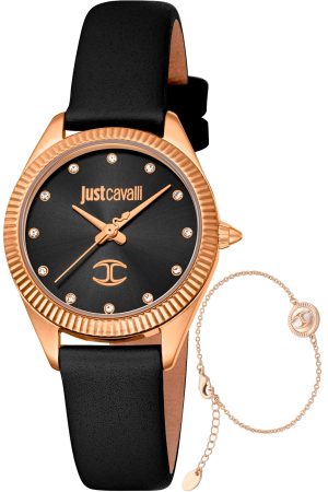 JUST CAVALLI Ladies Gift Set – JC1L267L0035, Rose Gold case with Black Leather Strap
