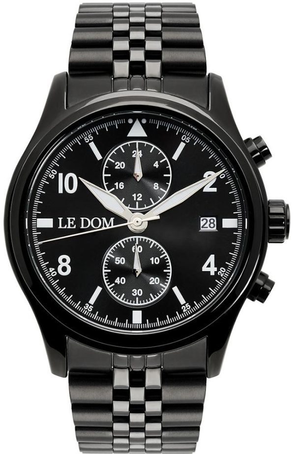le dom pilot chronograph ld 1348 8 black case with stainless steel bracelet image1