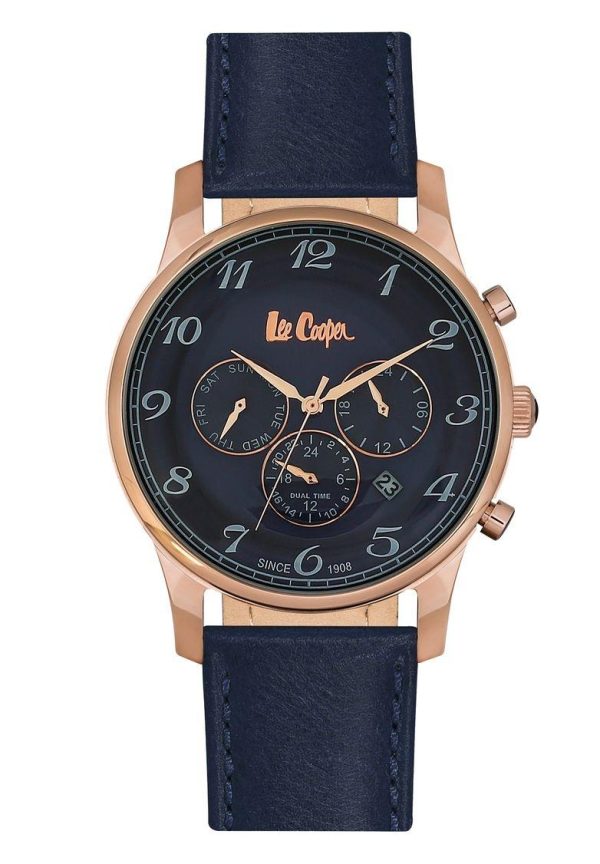 lee cooper dual time men s lc06425 499 rose gold case with blue leather strap image1