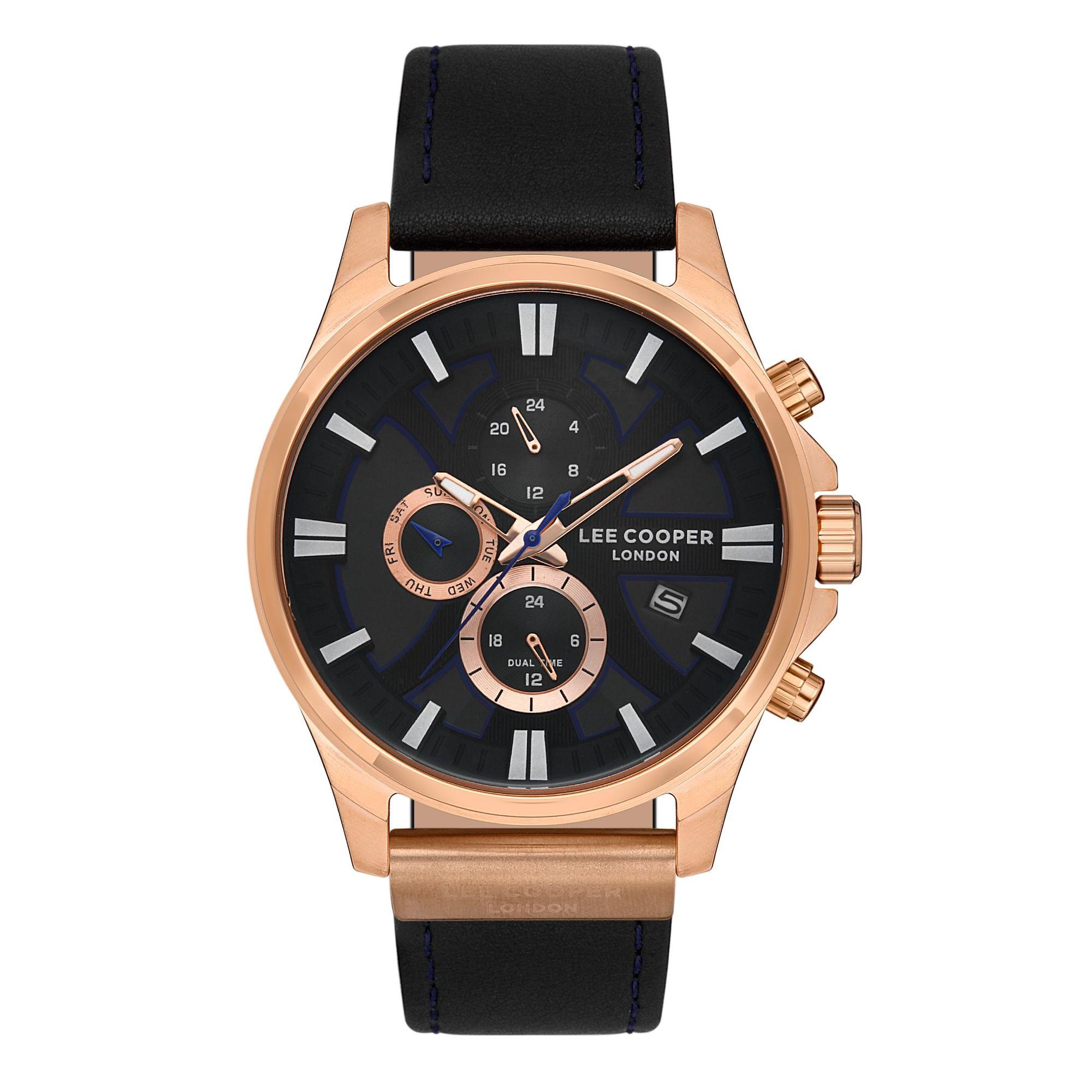 lee cooper dual time men s lc07425 451 rose gold case with black leather strap image1