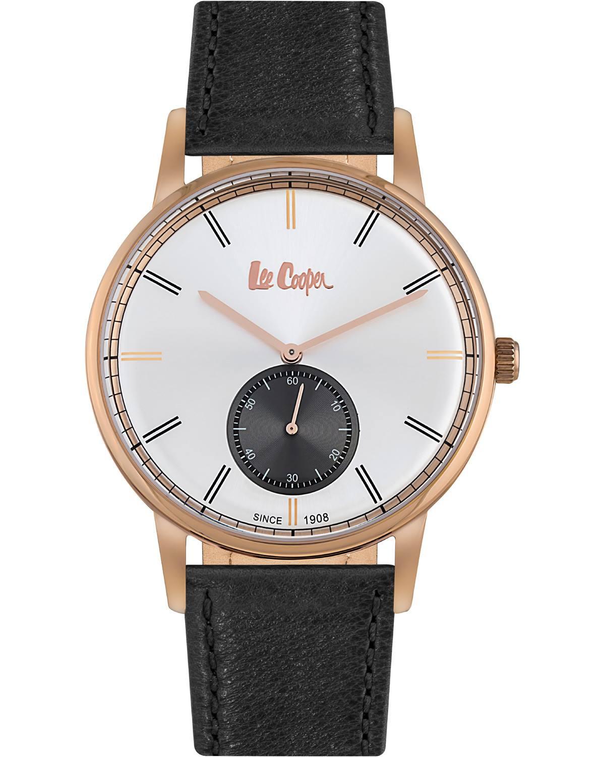 lee cooper mens lc06673 431 rose gold case with black leather strap image1