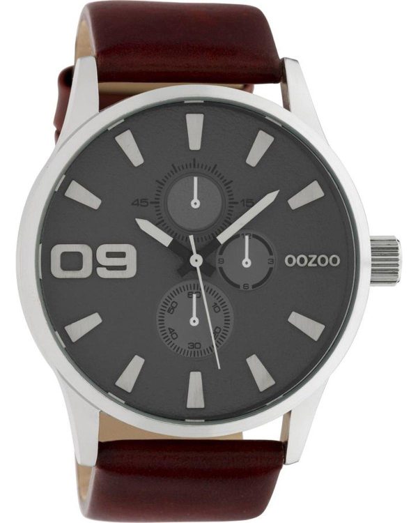 oozoo timepieces xxl c10348 silver case with brown leather strap image1