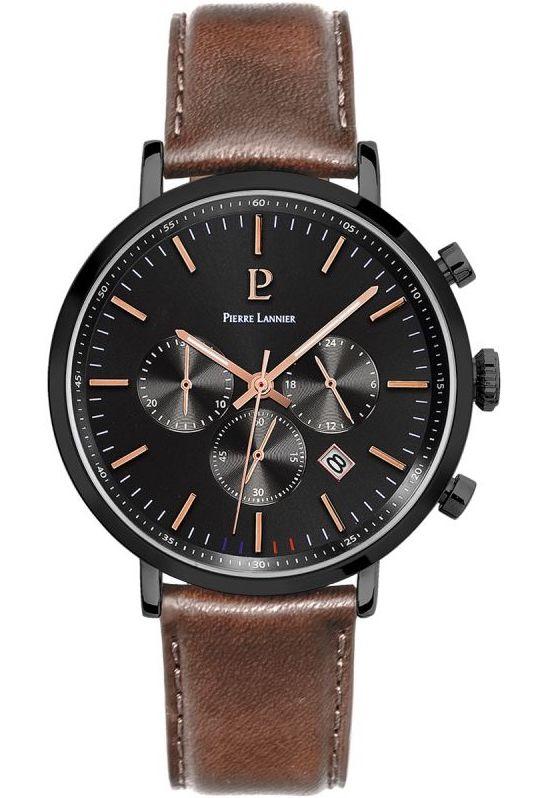 pierre lannier baron chronograph 222g434 black case with brown leather strap image1