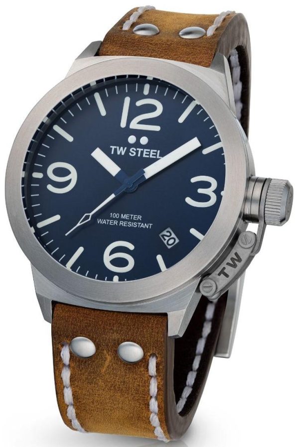 tw steel canteen cs102 silver case with brown leather strap image1