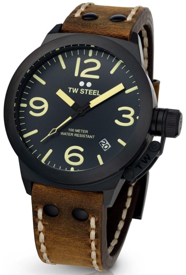 tw steel canteen cs103 black case with brown leather strap image1