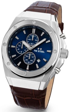 TW STEEL CEO Tech Chronograph – CE4107, Silver case with Brown Leather Strap