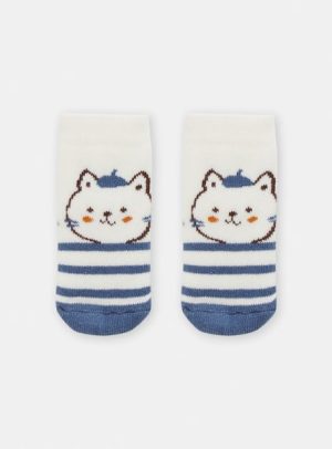 Βρεφικές Κάλτσες Unisex Λευκές/Μπλε Ρίγες Αρκουδάκι – ΛΕΥΚΟ