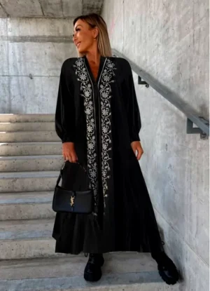 φόρεμα maxi ballon με κουμπιά & κέντημα – Μαύρο