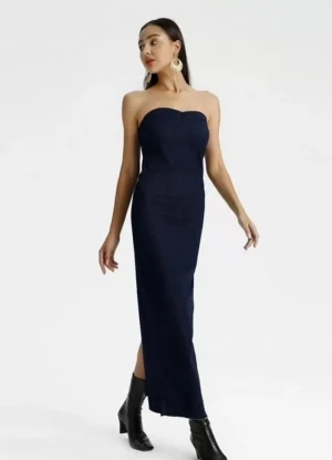 φόρεμα maxi jean στράπλες με σκίσιμο – Μπλε σκούρο
