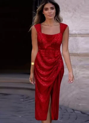 φόρεμα midi με χοντρή τιράντα παγιέτα ντραπέ με σκίσιμο – Kόκκινο