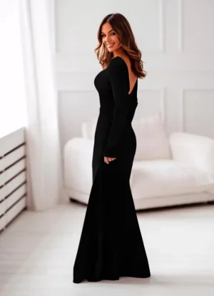 φόρεμα πλεκτό maxi με ανοιχτή πλάτη σε A γραμμή – Μαύρο