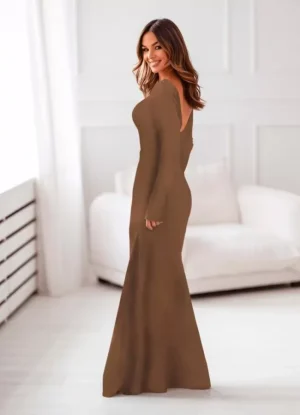 φόρεμα πλεκτό maxi με ανοιχτή πλάτη σε A γραμμή – Μπεζ