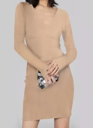 φόρεμα πλεκτό mini με V ντεκολτέ – Μπεζ
