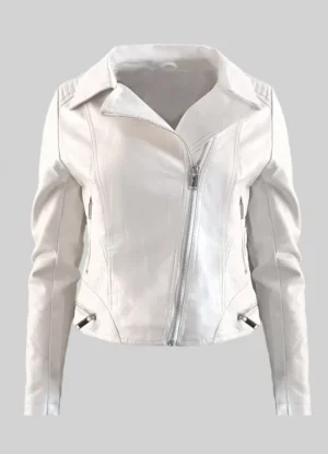 Jacket δερματίνη κοντό μεσάτο με λοξό φερμουάρ & τσέπες – Λευκό