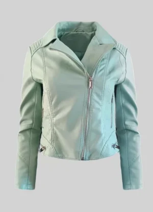 Jacket δερματίνη κοντό μεσάτο με λοξό φερμουάρ & τσέπες – Φυστικί