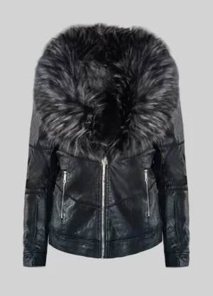 Jacket κοντό δερματίνη μεσάτο με γούνα περιμετρικά στον γιακά & τσέπες – Μαύρο