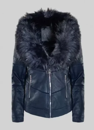 Jacket κοντό δερματίνη μεσάτο με γούνα περιμετρικά στον γιακά & τσέπες – Μπλε σκούρο