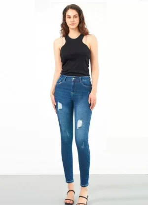 Jean παντελόνι σωλήνας με σκισίματα – Μπλε σκούρο