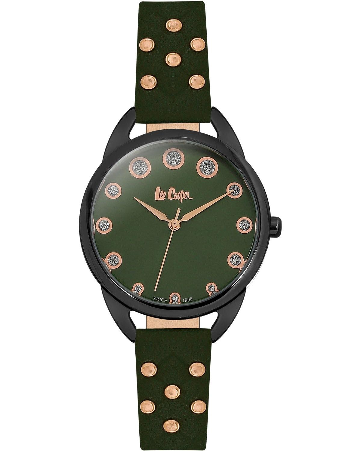 lee cooper ladies crystals lc06388 675 black case with green leather strap image1