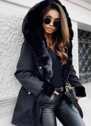 μεσάτο μπουφάν με πλούσια γούνα εσωτερικά & στην κουκούλα – Μαύρο