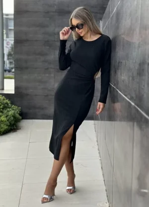 Midi φόρεμα ελαστικό cut out με lurex γραμμές – Μαύρο